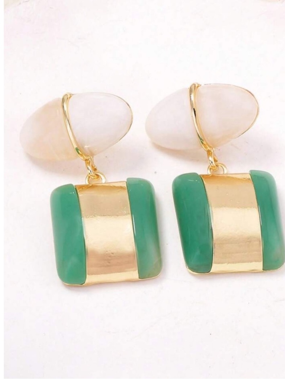 Gold and Green Drop Earrings with Cream Tops